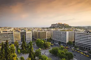 Parthenon Prints: Greece, Attica, Athens, View of Plateia Syntagma - Syntagma Square and The Acropolis