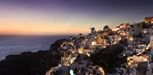 Greece, Cyclades, Santorini, Panoramic view Oia Town and Santorini Caldera