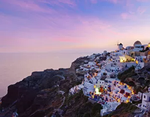 Cyclades Islands Collection: Greece, The Cyclades, Santorini (Thira), Oia, overview at dusk