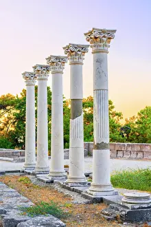 Pillar Prints: Greece, Dodecanese, Kos Island, Kos, Ancient Ruins of Asclepieion, Ancient pillars at dusk