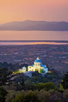 Greek Orthodox Prints: Greece, Dodecanese, Kos Island, Zia, Church of Kímissis tis Theotokou, overview at dusk
