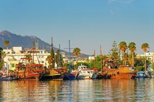 Mediteranean Prints: Greece, Dodecanese, Kos Island, Kos Town, boats moored in harbour