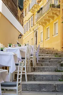 Kerkyra Prints: Greece, Ionian Islands, Corfu, Corfu town, restaurant on steps