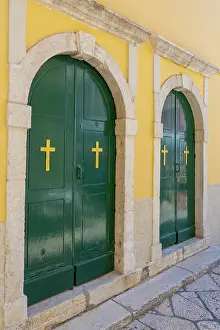 Kerkyra Prints: Greece, Ionian Islands, Corfu, Corfu town, green church doors