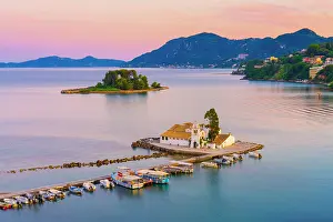 Mouse Island Prints: Greece, Ionian Islands, Corfu, Vlacherna Monastery and the Church of Pantokrator at dusk
