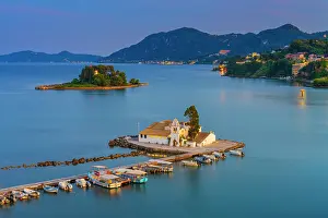 Mouse Island Prints: Greece, Ionian Islands, Corfu, Vlacherna Monastery and the Church of Pantokrator at dusk