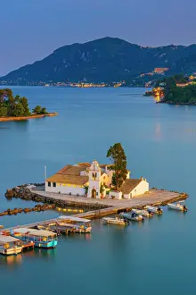 Mouse Island Prints: Greece, Ionian Islands, Corfu, Vlacherna Monastery and the Church of Pantokrator at dusk