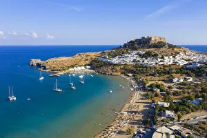 Images Dated 18th December 2018: Greece, Rhodes, Lindos Acropolis and Megali Paralia Beach