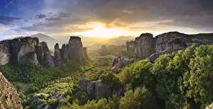 Meteora Prints: Greece, Thessaly, Meteora, Panoramic view of Meteora and Holy Monastery of Rousanou