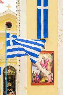 Images Dated 15th June 2022: Greek flag and Zoodochos Pigi Holy Church, Zakynthos, Zante, Ionian Islands, Greece