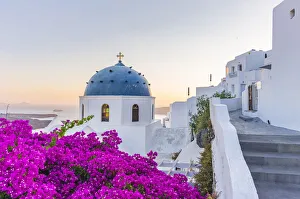 Bouganville Prints: Greek Orthodox Church, Imerovigli, Santorini, Cyclades Islands, Greece