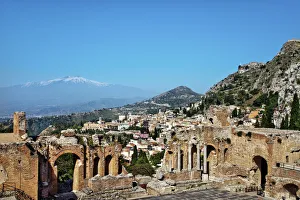 The Greek theatre and Mount Etna, Taormina, Sicily, Italy