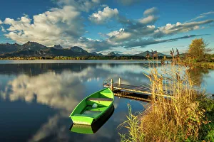Schwangau Prints: Green Boat on Hopfensee, Fussen, Bavaria, Germany
