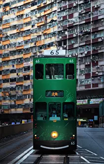 Public Transport Prints: Green tram and Nam Tin building, North Point. Hong Kong, China