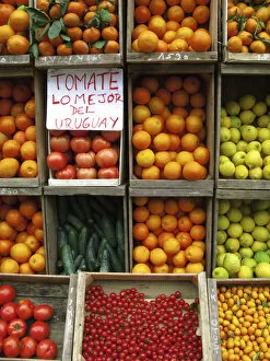 Produce Gallery: A Greengrocers Fruits and Vegetables display, Montevideo Ciudad Vieja district, Uruguay