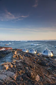 Greenland, Disko Bay, Ilulissat, waterfront igloo houses