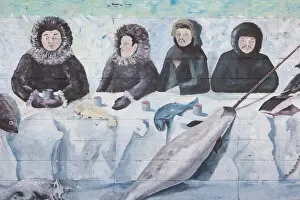 Greenland, Narsarsuaq, wall mural of Inuit fishermen