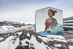 Nuuk Prints: Greenland, Nuuk, city housing projects with Inuit art mural
