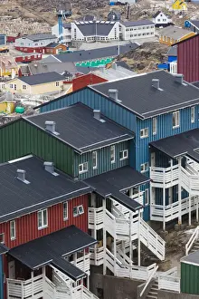 Greenland, Qaqortoq, elevated view of apartment houses
