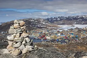 Julianehab Prints: Greenland, Qaqortoq, mountain landscape with rock cairns