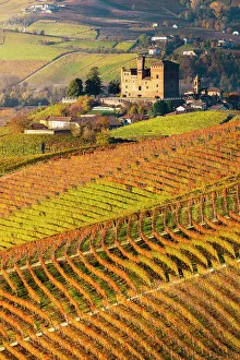 Roof Prints: Grinzane Cavour and coloured vineyards at sunrise during autumn