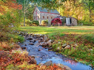 Waterwheel Prints: Grist Mill in Sudbury in Fall Sudbury, Massachusetts, New England, USA