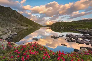 Grom lake at sunset, Mortirolo pass in Lombardy district, Brescia province, Italy