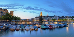 Dock Prints: Grossmunster and boats on Limmat River at dusk, Zurich, Switzerland