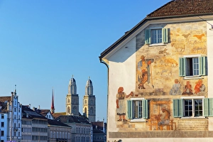 Limmat Prints: Grossmunster and mural on building, Zurich, Switzerland