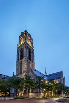 Protestant Prints: Grote of Sint-Laurenskerk at twilight, Rotterdam, South Holland, The Netherlands