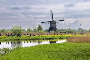 Sport Prints: A group of cyclists pass by a windmill at Kinderdijk, South Holland, Netherlands