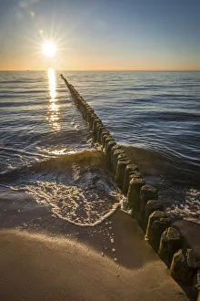 West Beach Prints: Groynes and sunset on Darss West Beach, Mecklenburg-Western Pomerania, Northern Germany