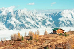 Mountainscape Collection: The Grunbichl Hut, Nordkette mountains in the background, Zirbenweg trail, Patscherkofel, Tyrol