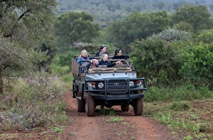 Guide taking tourists on a game drive, Zimanga Private Game Reserve, Natal, South Africa