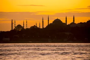 Hagia Sofia Prints: Hagia Sofia & Blue Mosque across the Bosphorus, Istanbul, Turkey
