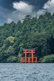 Hakone Prints: Hakone-jinja shrine standing proud and tall in Ashinoko Lake. Japan