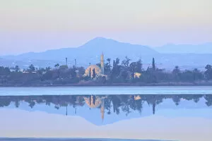 Minarets Collection: Hala Sultan Tekke Mosque, Larnaka Salt Lake, Larnaka, Cyprus, Eastern Mediterranean Sea