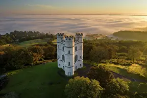 Drone View Prints: Haldon Belvedere, also known as Lawrence Castle at dawn on a misty morning