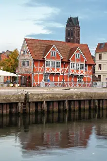 Wismar Prints: Half-timbered building called Gewolbe (The Vault) and tower of St