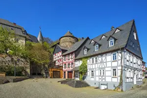 Half-timbered houses with Schinderhannes tower at Herrstein, Hunsruck, Rhineland-Palatinate, Germany