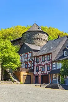 Half-timbered houses with Schinderhannes tower at Herrstein, Hunsruck, Rhineland-Palatinate, Germany