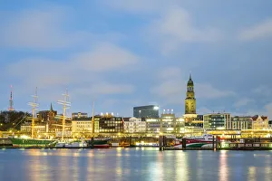 Neustadt Prints: Hamburg skyline along Elbe River at night, Hamburg, Germany, Europe