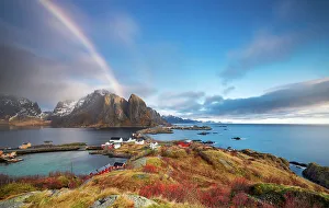 Rorbuer Prints: Hamnoy from Olenilsoya kystfort, Reine, Moskenes, Moskenesoya, Nordland, Lofoten, Norway