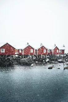 Images Dated 19th June 2020: Hamnoy village with snowflakes, Reine Bay, Lofoten Islands, Nordland, Norway