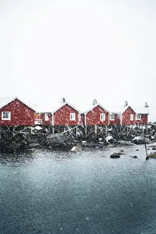 Hamnoy village with snowflakes, Reine Bay, Lofoten Islands, Nordland, Norway Hamnoy village with snowflakes, Reine Bay, Lofoten Islands, Nordland, Norway