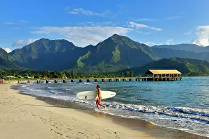 Hanalei Bay with Pier, Surfer Kauai, Hawaii, USA
