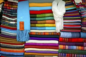 Images Dated 6th January 2014: Hand Woven Alpaca Blankets And Shwals, For Sale At The Mercado Artesanal La Mariscal
