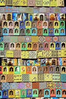 Shop Prints: Handmade souvenirs for tourists in the souk of medina old town, Marrakech, Morocco