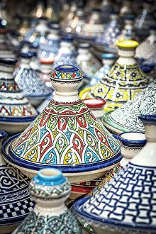Painted Collection: Handmade Tagine ceramic serving bowls in the souks of medina, Fes, Morocco