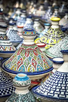 Ceramic Prints: Handmade Tagine ceramic serving bowls in the souks of medina, Fes, Morocco